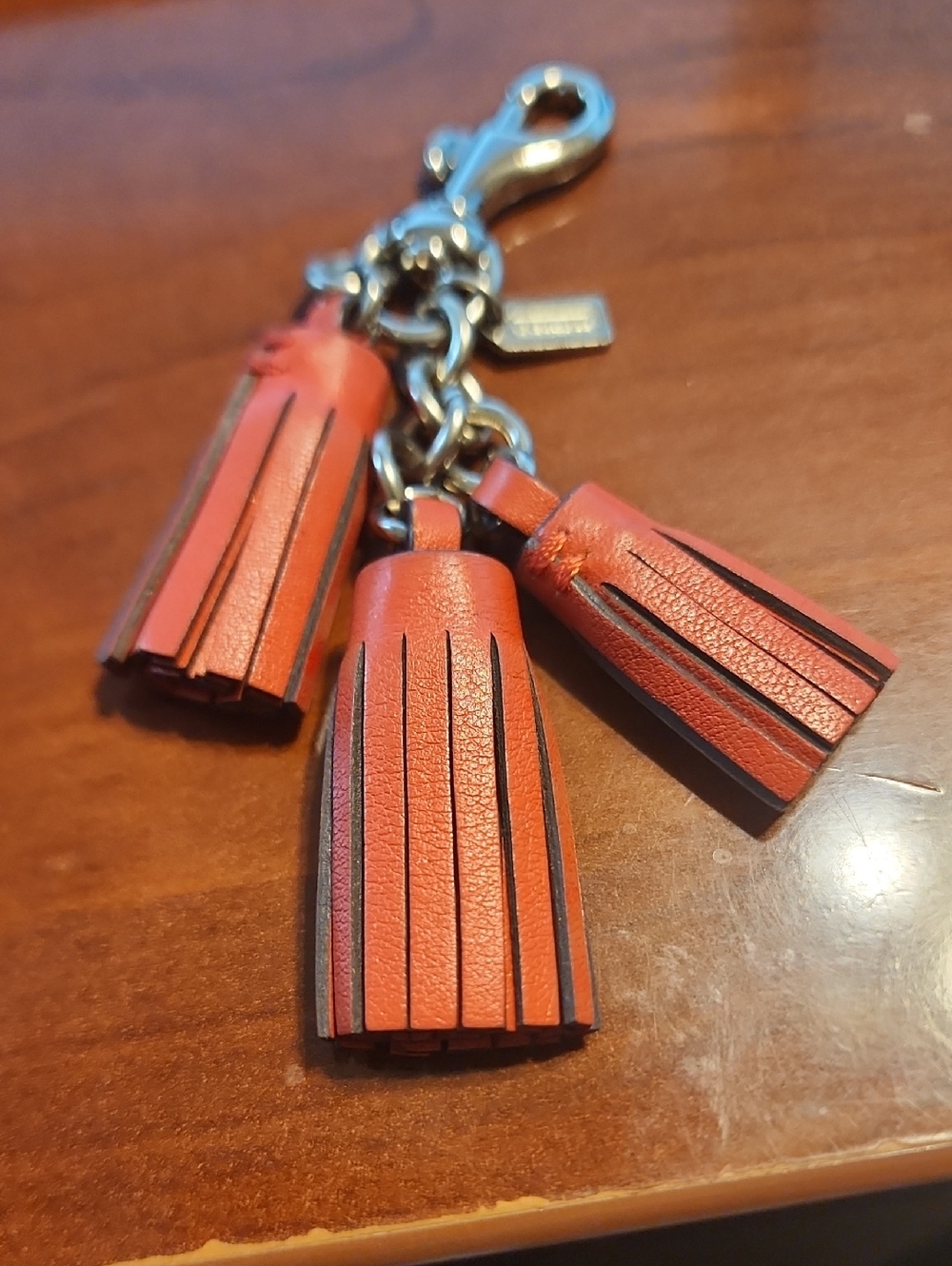Coach Leather Tassel Keychain Charm in Coral Red
